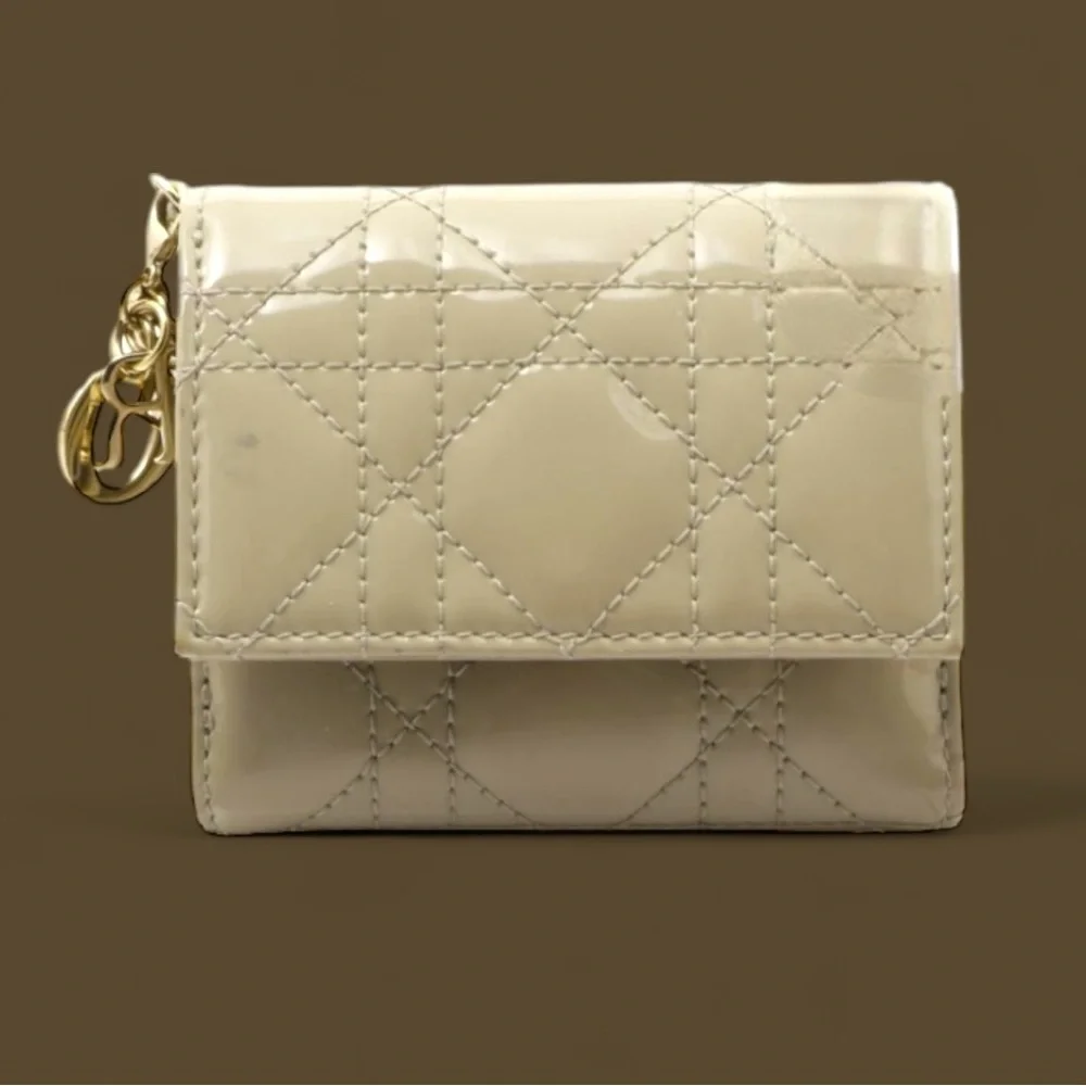 Authentic Christian Dior Lady Lotus Wallet Trifold Calfskin Patent Leather w/COA